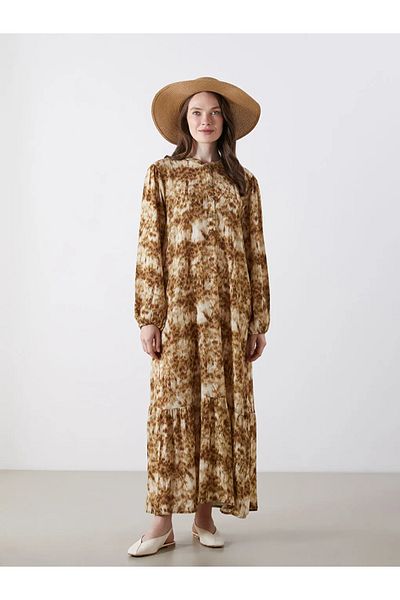 LC Waikiki Lcw Grace Beige Judge Collar Patterned A-Line Dress
