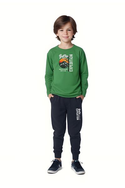 FYK KİDS Boy's Expedition Printed Zero-Collar Religion Bottom-Up Set