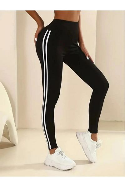 NEWCO Colanți sport negri cu talie înaltă, confortabili, cu detaliu lateral, flexibili și eleganti, casual