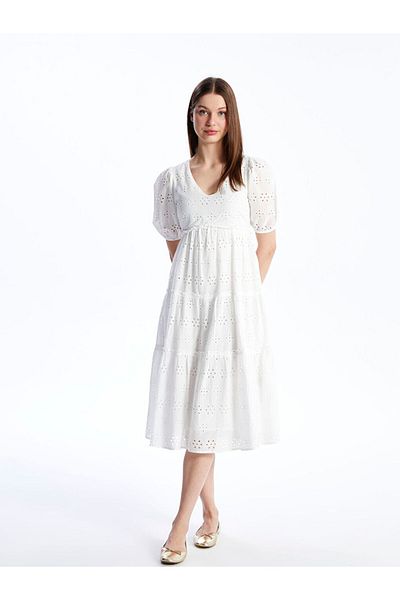 LC Waikiki Lcw V-Neck Self Pattern Short Sleeve Women's Dress Fast Fashion