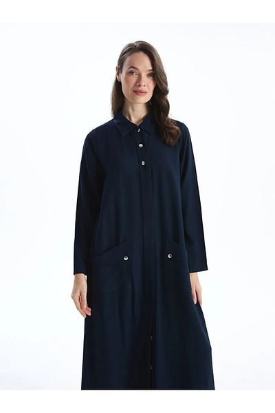LC Waikiki Lcw Grace Navy Blue Shirt Collar Linen Look Women's Dress