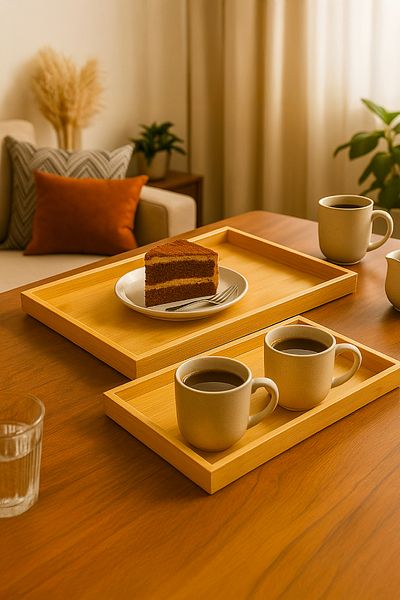 Vienev Natural Bamboo Tray Set of 2 |   Rectangular Serving Tray