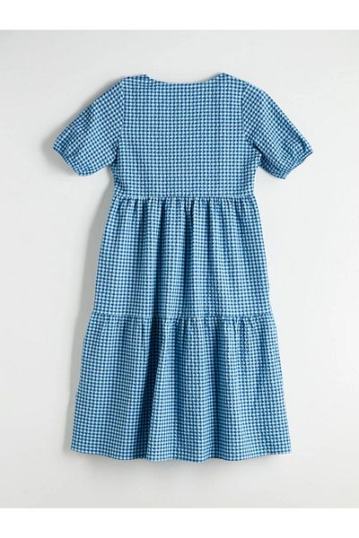 LC Waikiki Lcw Comfort Navy Blue Tie Collar Plaid Fold Dress