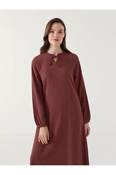 LC Waikiki Lcw Grace Pink Lace-Up Neckline Textured Women's Dress