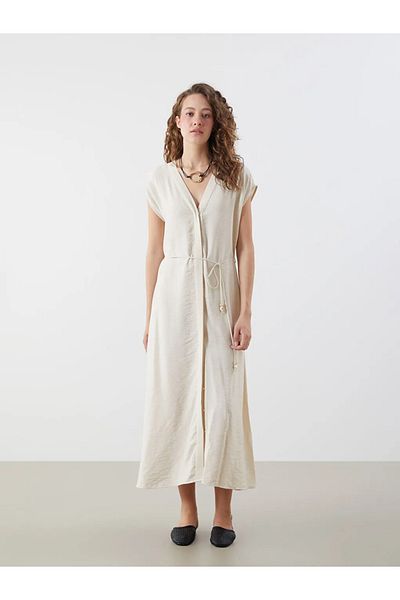 LC Waikiki Lcwaikiki Classic Beige V-Neck Textured Dress