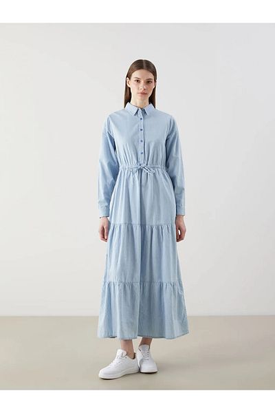 LC Waikiki Lcw Modest Indigo Shirt Collar Waist Sitting Jean Dress