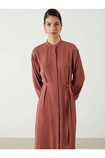 LC Waikiki Lcw Modest Pink Judge Collar Belted Linen Blend Shirt Dress
