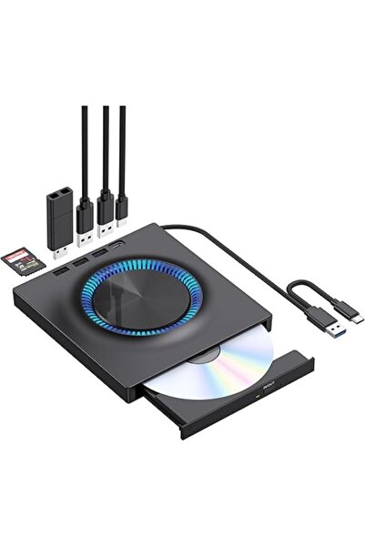 UmoTech Harici DVD-RW CD/DVD Sürücü – USB-C/3.0, USB Hub ve SD Kart Girişli, ...