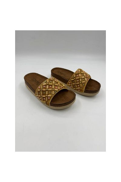 Deniz Terlik Gold Glitter Beaded Women's Soft Daily Slippers