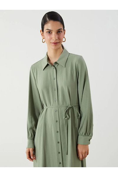 LC Waikiki Lcw Modest Green Textured Shirt Dress with Waist Belt