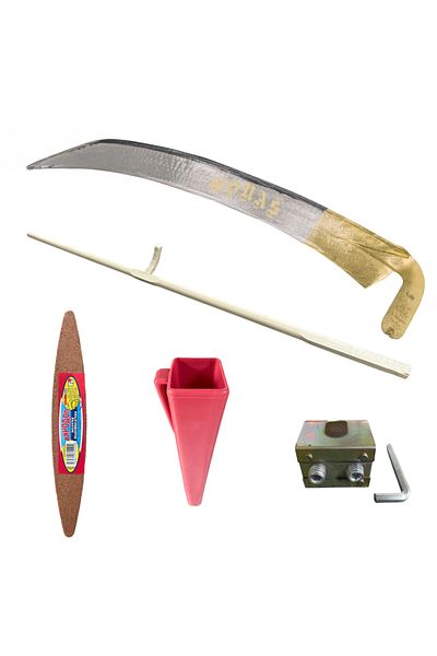 COBI SMART® Complete set of manual scythe, 70 cm, wooden handle 190 cm, fixing ring, sharpening stone and sheath