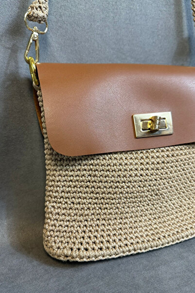 Uretti - Hülya 6683 5892 Hand Knitted Beige Macrame Rope and Tan Leather Cover Women's Shoulder Bag