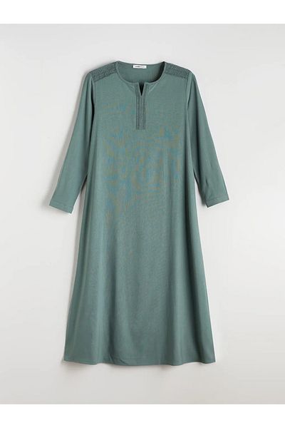 LC Waikiki Lcw Grace Khaki Lace Detail A-Line Linen Blend Dress