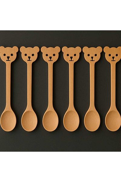 ARVALE Set of 6 Bamboo Small Wooden Spoons with Teddy Bear Patterned Figures
