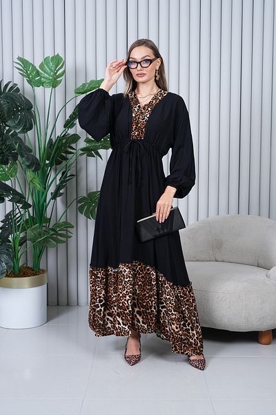 EL jadida Women's Leopard Garnished Viscose Long Dress with Elastic Waist