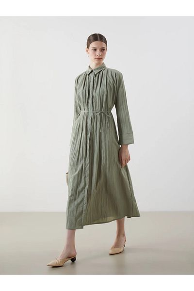 LC Waikiki Lcw Modest Green Oversize Textured Women's Shirt Dress