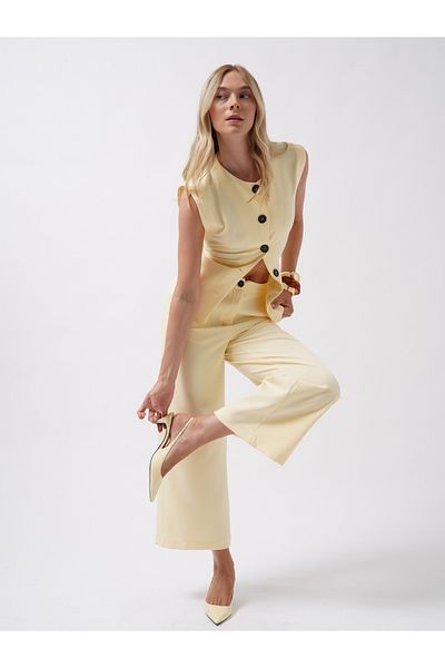 Black Fashion Wide Leg Midi Length Yellow Trousers