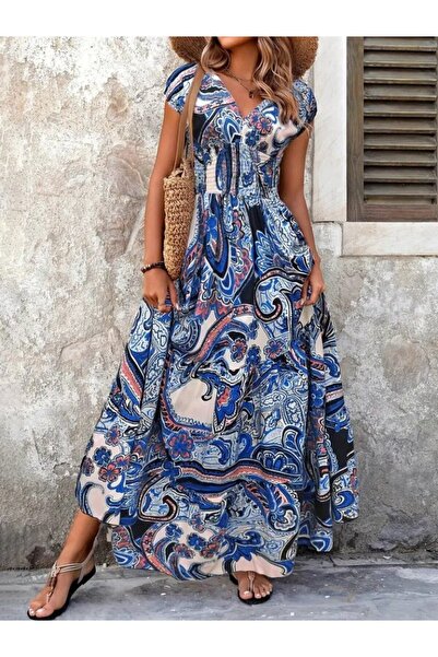 Viyamo Νέα σεζόν Γυναικείο κοντό μανίκι με φτερωτό μπατονέτα με λαιμόκοψη V με συρμένη μέση φόρεμα