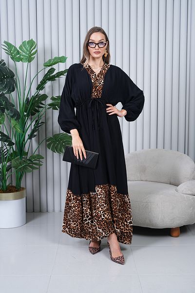 EL jadida Women's Leopard Garnished Viscose Long Dress with Elastic Waist