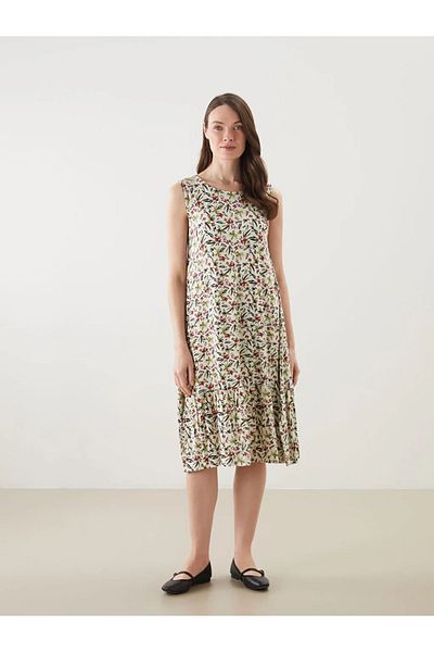 LC Waikiki Lcw Grace Beige Crew Neck Floral A-Line Dress