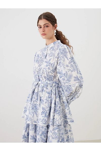 LC Waikiki Lcw Modest Blue Judge Collar Floral Fold Dress