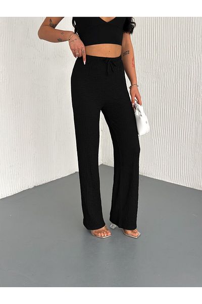 Giyimsel Gofre Bubble Lycra Women's Pants with Drawstring Waist and Elastic