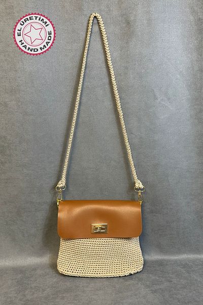 Uretti - Hülya 6683 5892 Hand Knitted Beige Macrame Rope and Tan Leather Cover Women's Shoulder Bag