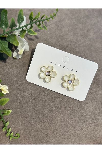 BEREN KILIÇ Steel Earrings with Flower Motif and Stone in the Middle