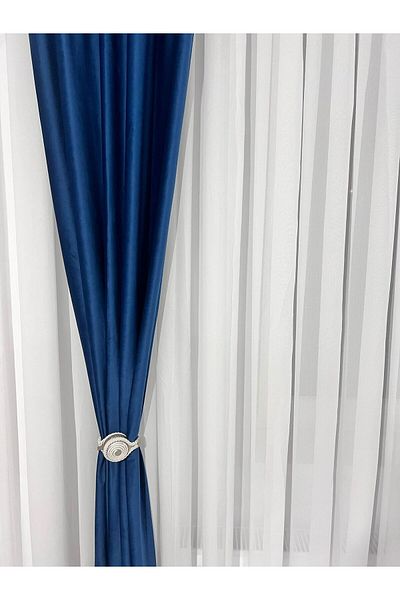 Metropolitan Concept Set of Two Ronda Velvet Curtains, Navy Blue, Worked on 10 Cm Wide Rejansa, 2x150x260 Cm