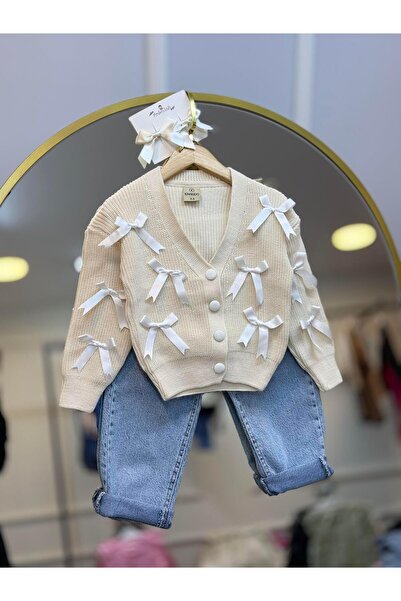 ArdenKids 2-8 Yaş Ekru Fiyonk Detay Hırka & Jean Pantolon( Ribbon Klips Set H...