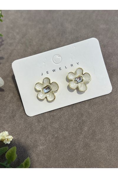 BEREN KILIÇ Steel Earrings with Flower Motif and Stone in the Middle