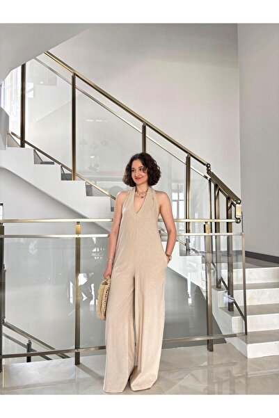 Sude Kızanlıklı Premium Sırt Dekolteli Keten Tulum