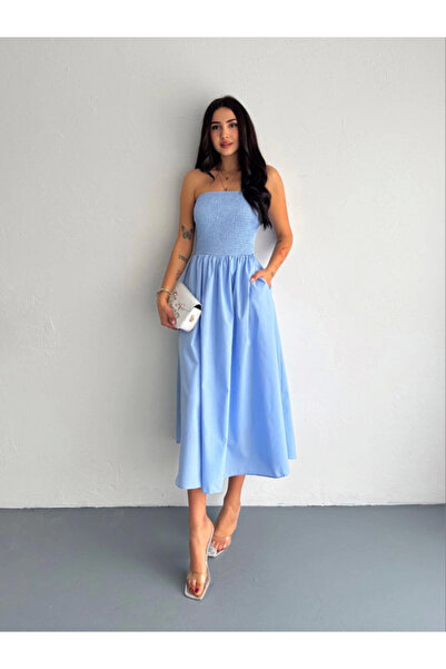 ruum fashions    Strapless Pleated Dress - Light Blue