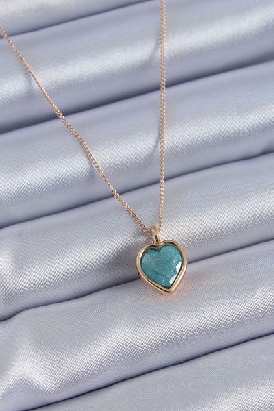 Clariss Gold Color Turquoise Color Glitter Heart Model Women's necklace