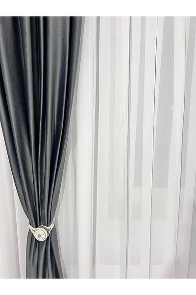 Metropolitan Concept Set of Two Ronda Velvet Curtains, Dark Grey, Worked on 10 Cm Wide Rejansa, 2x150x250 Cm