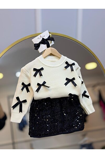 ArdenKids Fiyonk Detay Triko Kazak & Payetli Etek Kombin ( Ribbon Toka Hediye...