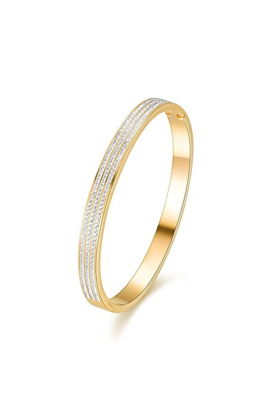 Tessero Bratara tip Bangle fixa, strasuri din pietre zirconiu, otel inoxidabil, placata cu aur 24K, auriu