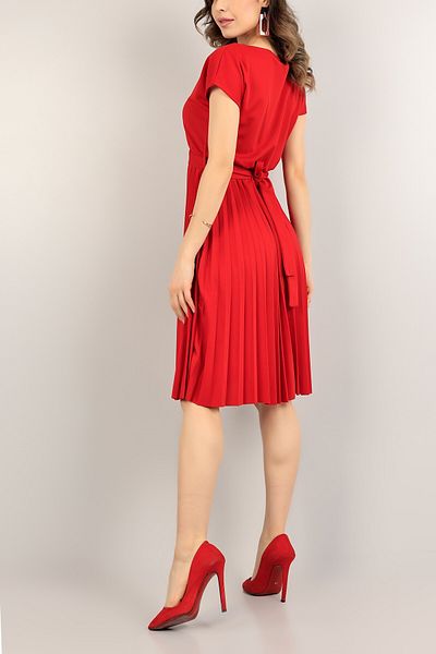 WOMAN VISION Women's Red Low Sleeve Belted Pleated Midi Dress Stylish Casual Model 120