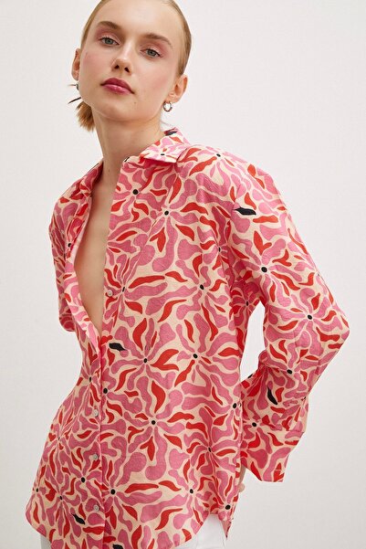 TRENDQUEL Çiçek Desen V Yaka Modal Gömlek Fuşya