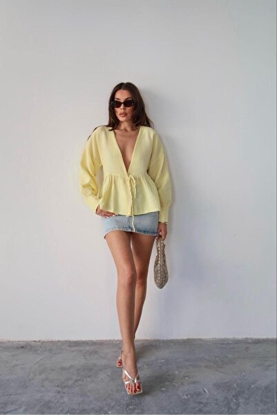 hedef giyim بلوزة موسلين بأكمام طويلة ورباط ذاتي من الأمام