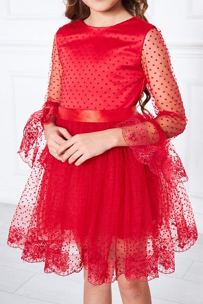 SUBU TASARIM Girls' Lace Long Sleeve Evening Dress Red Tbskvc3006