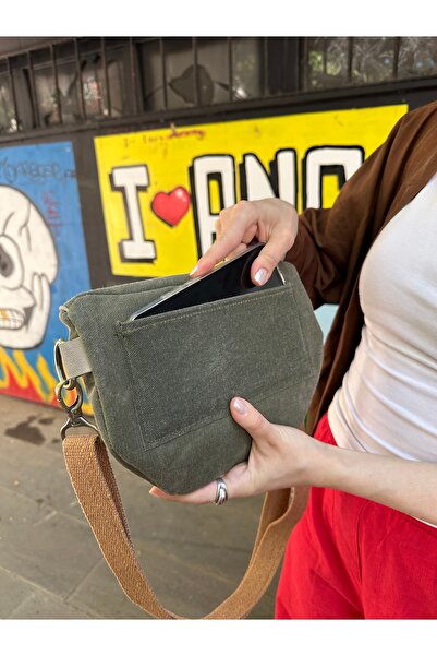 Atelier Lapina Haki (Ekru detaylı) / Doğa Astar Mumlu Kanvas Çapraz Çanta / Bel Çantası