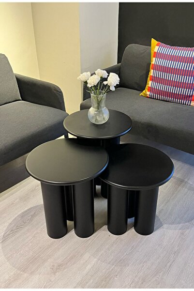 kuppdesign Linen Mantar Yan Sehpa 3'lü Set Siyah