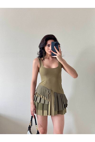 LOCH BUTİK Fusta verde de damă cu pantaloni scurți din tul Rochie mini plisată