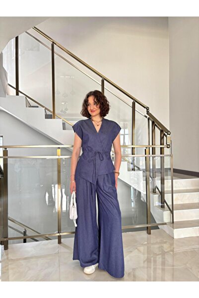 Sude Kızanlıklı Costum din denim cu talie din țesătură drapată