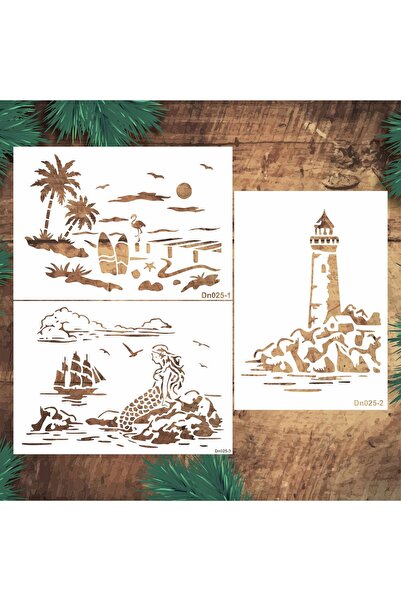 STENCİLTASARIM Stencil Tasarım DN025 Deniz Temalı , 21x30cm , 3lü stencil set...