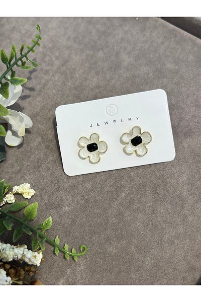 BEREN KILIÇ Steel Earrings with Flower Motif and Stone in the Middle