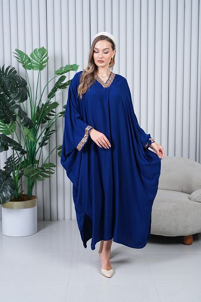 EL jadida Women's Sequin Embroidered Plus Size Viscose Long Dress Navy Blue