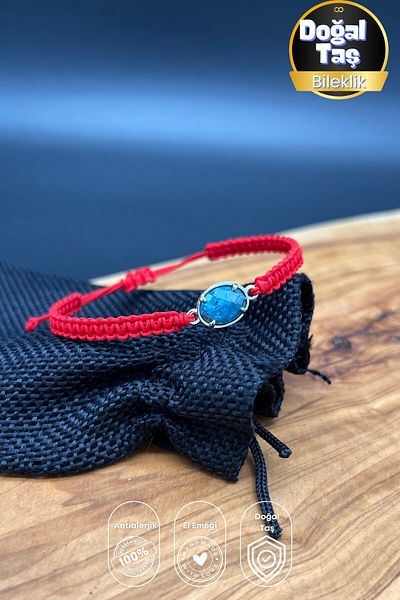 Balzamin Design Fire Blue Apatite Stone Macrame Red Bracelet