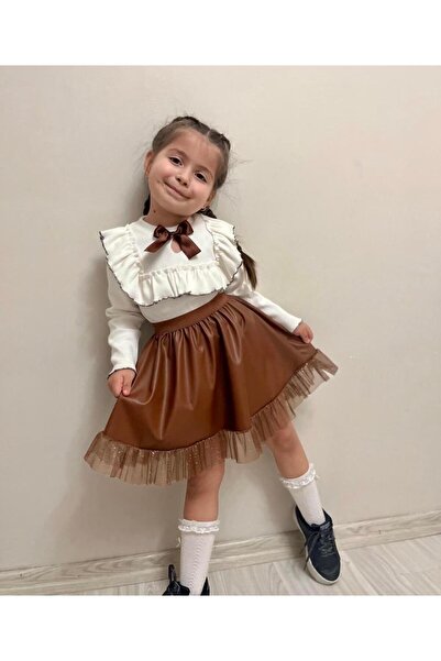 ArdenKids 3-6 Yaş Taba Fiyonklu Bluz & Simli Deri Etek